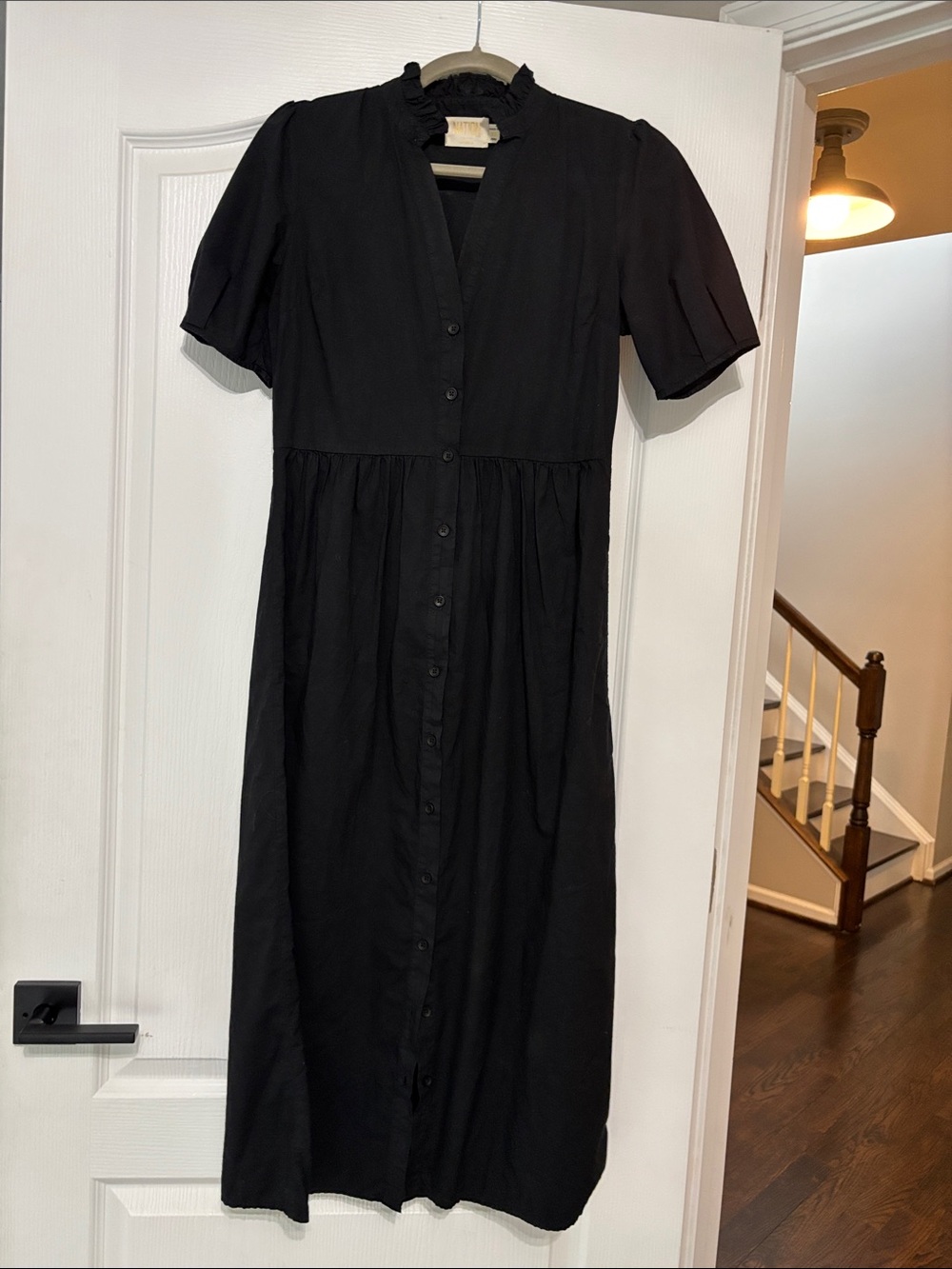 Nation LTD Black Button-Front Midi Dress with Ruffle Neck
